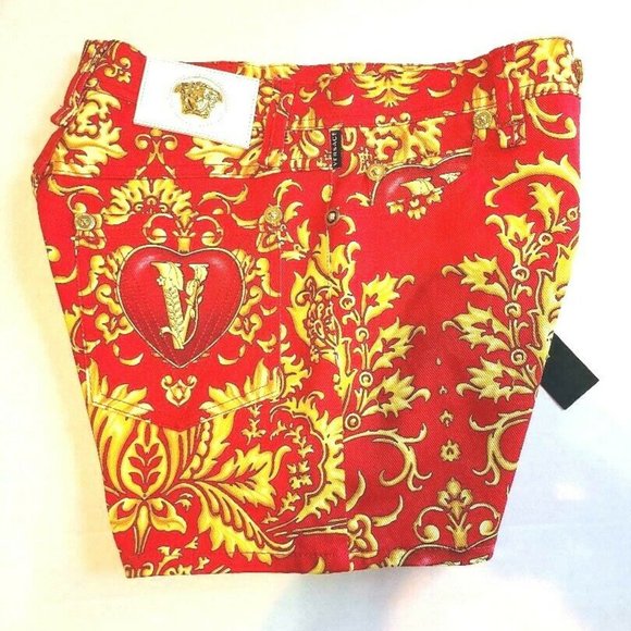 VERSACE Red Gold Denim Baroco Medusa Shorts 26/4 - Picture 4 of 13